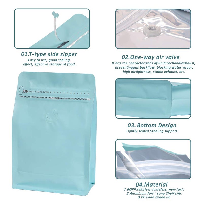 REMTAP Coffee Bags with Valve(50pcs,8oz) Blue High Barrier Aluminumed Foil Flat Bottom Standing Coffee Beans Storage Bags,Reusable Heat Sealable Side Zipper Pouches for Home or Store - Image 3